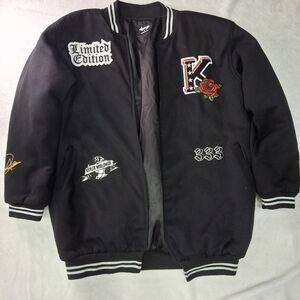 Black Bomber Jacket with Embroidered Patches